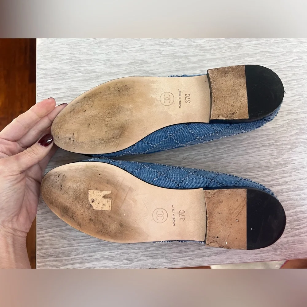 CHANEL Blue Denim and Black Cap-Toe Bow Flats